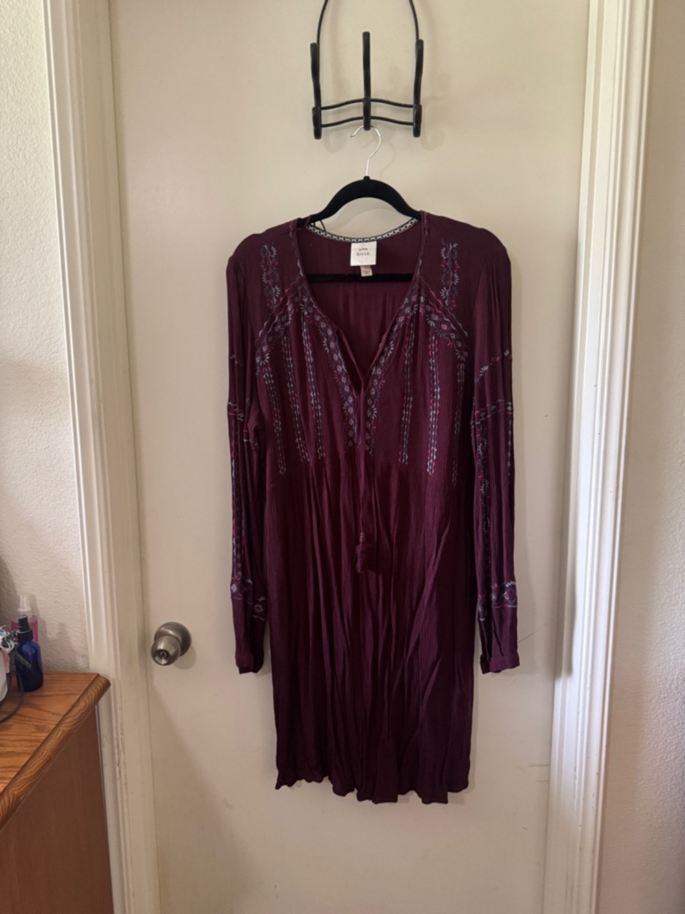 Knox Rose Long Sleeve Boho Dress - Burgundy with Light Embroidery size L
